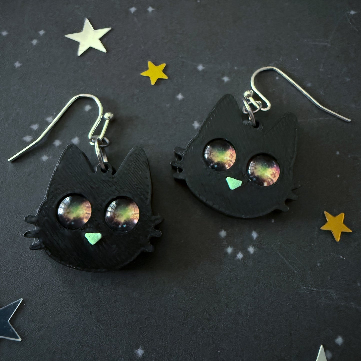 Galaxy Cat Earrings - 3D Printed Cat Earrings, Galaxy Eyes, Black Cat, Halloween Accessory, Cosmic Cats, Gift for Space and Cat Lovers