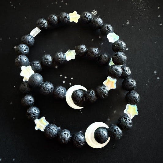 Crescent Moon Lava Bead Bracelet