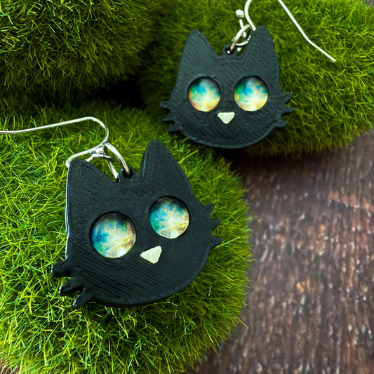 Galaxy Cat Earrings - 3D Printed Cat Earrings, Galaxy Eyes, Black Cat, Halloween Accessory, Cosmic Cats, Gift for Space and Cat Lovers
