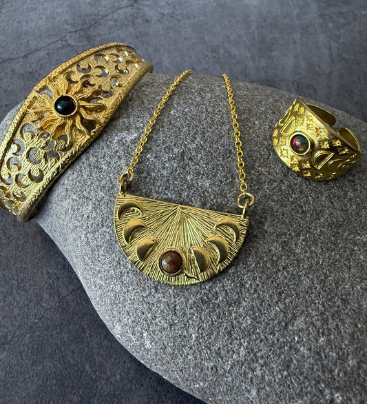 Eclipse Jewelry Set with Moon Phases and Black Opal