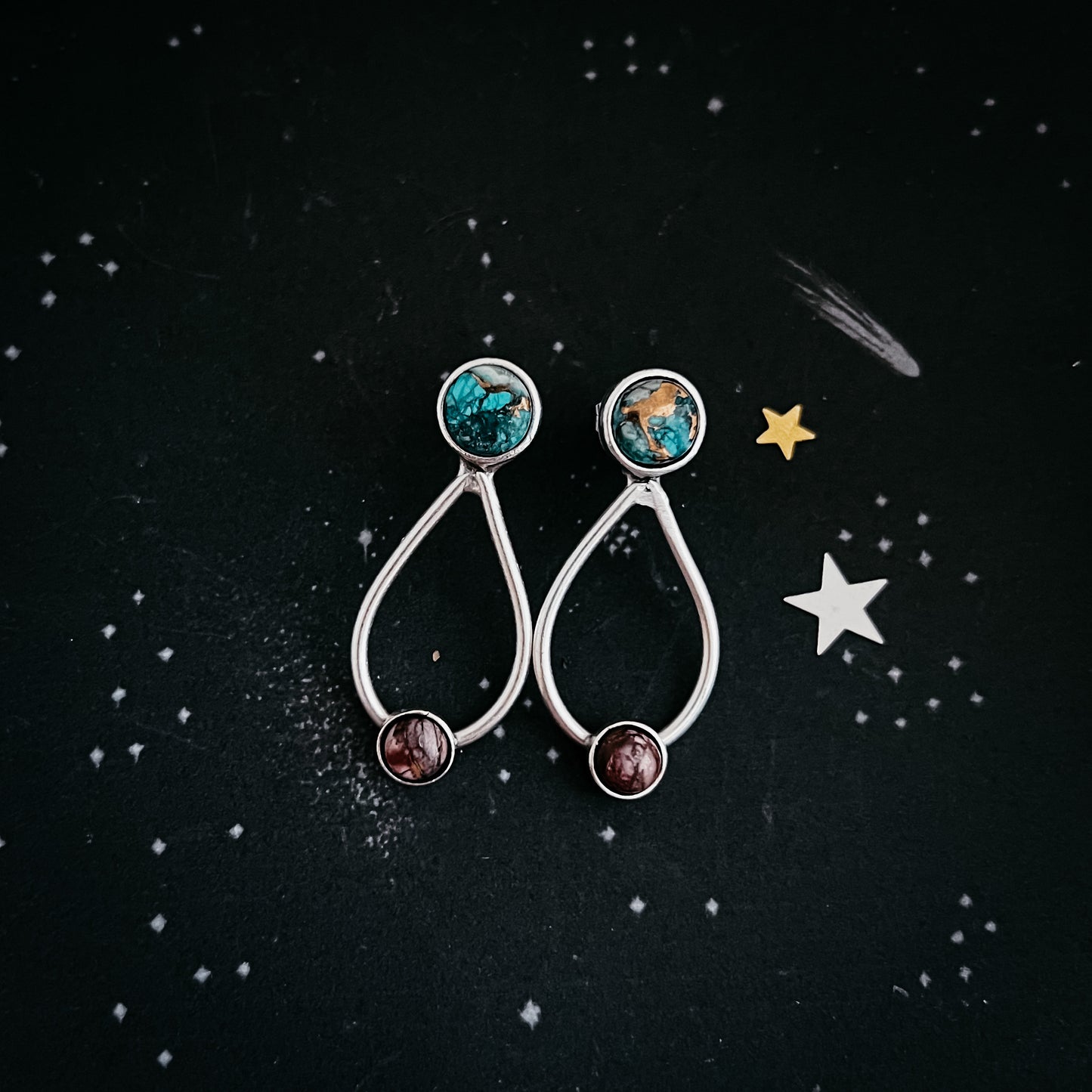 Journey to Mars Earrings - Copper Chrysocolla Earth and Red Jasper Moon