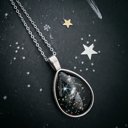 JWST Deep Field Drops in Cosmic Ocean Teardrop Necklace Necklace Yugen Handmade Antique Silver Tone