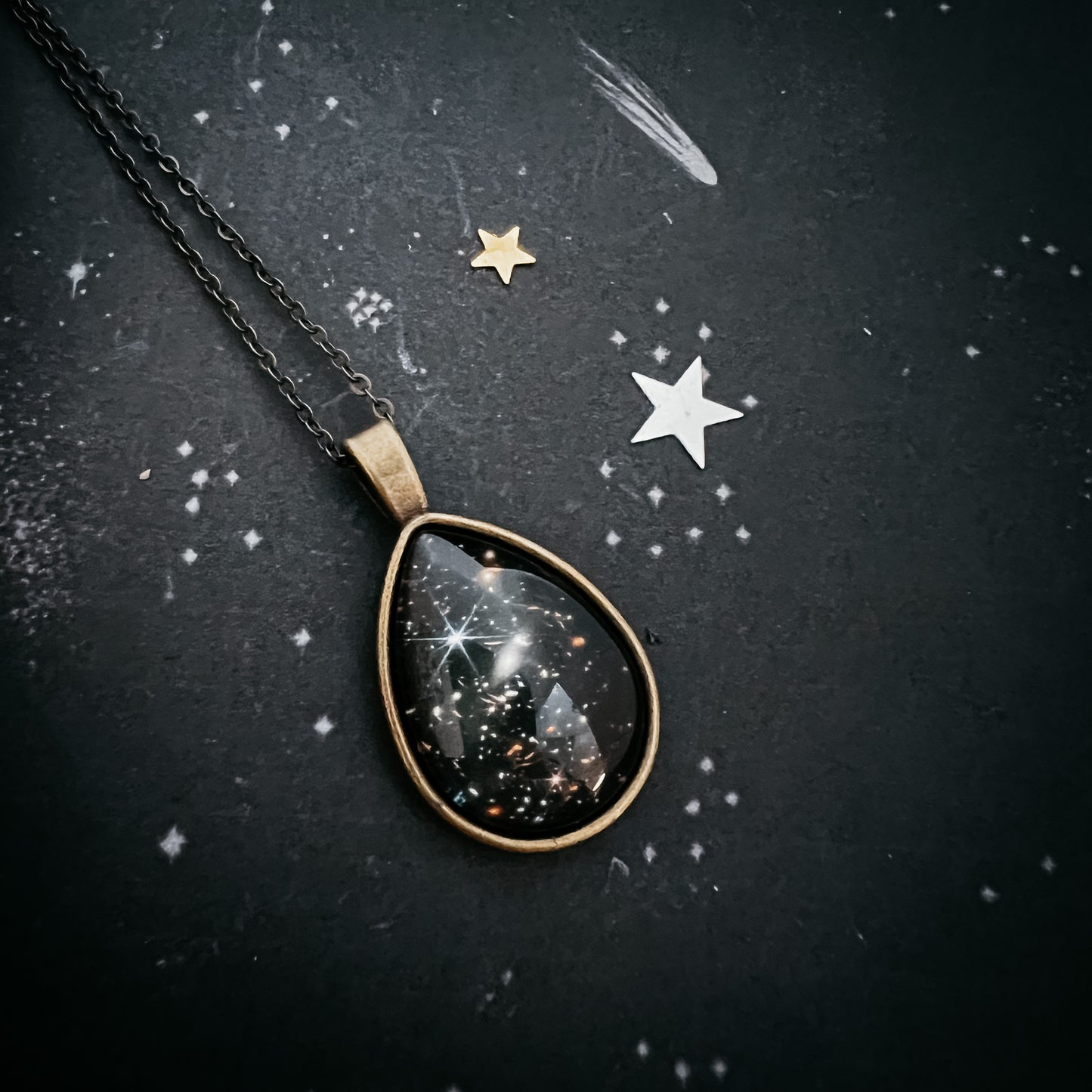 JWST Deep Field Drops in Cosmic Ocean Teardrop Necklace Necklace Yugen Handmade Antique Bronze Tone