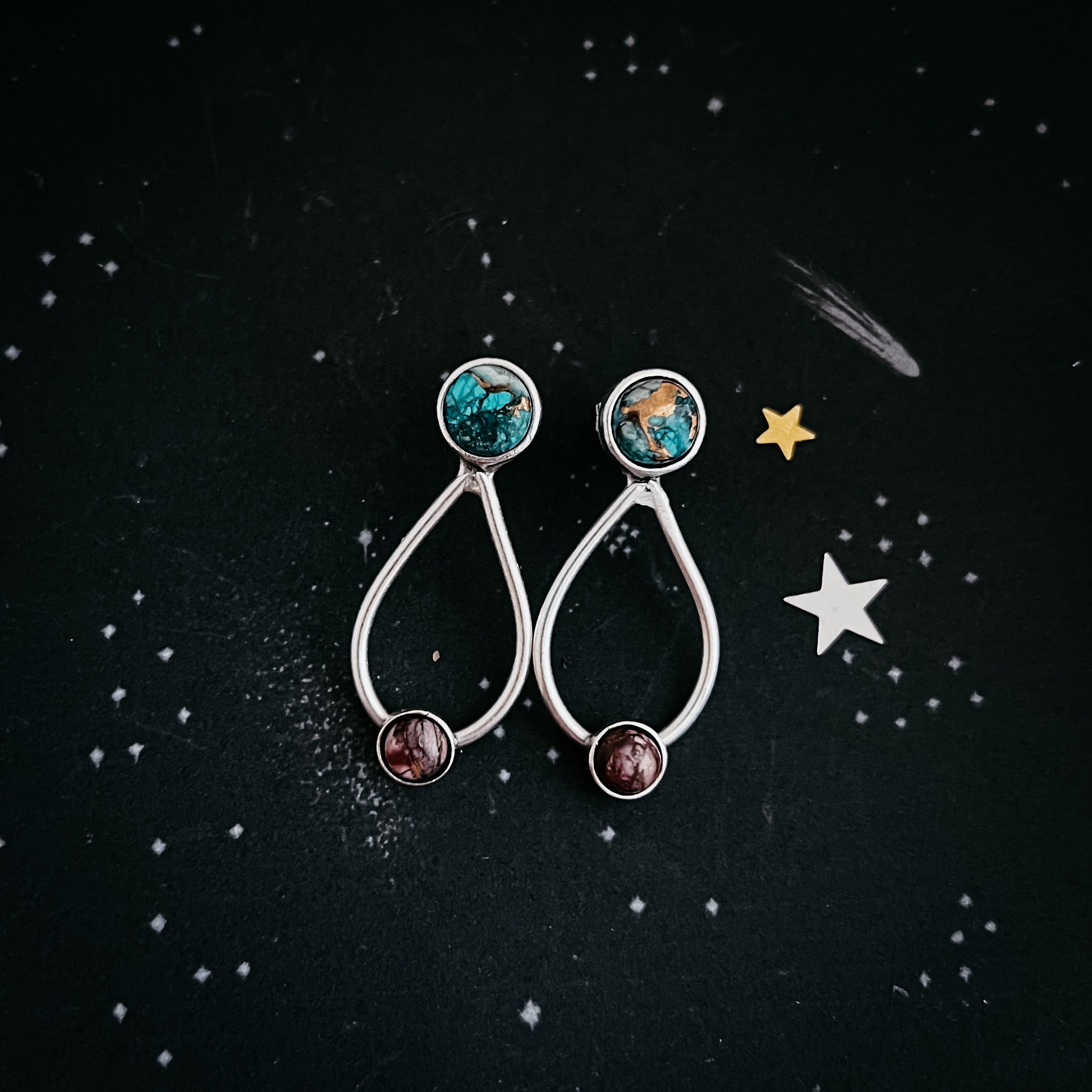 Journey to Mars Stud Earrings - Copper Chrysocolla Earth and Red Jasper Moon Earrings Yugen Handmade