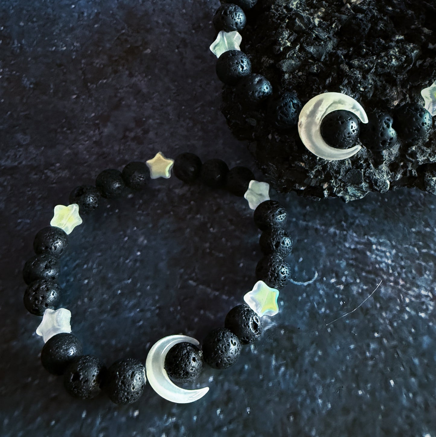 Crescent Moon Lava Bead Bracelet