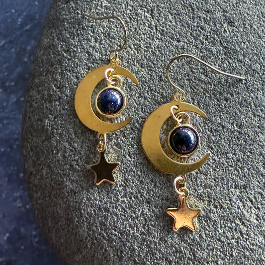 Starlit Crescent Earrings with Blue Sandstone