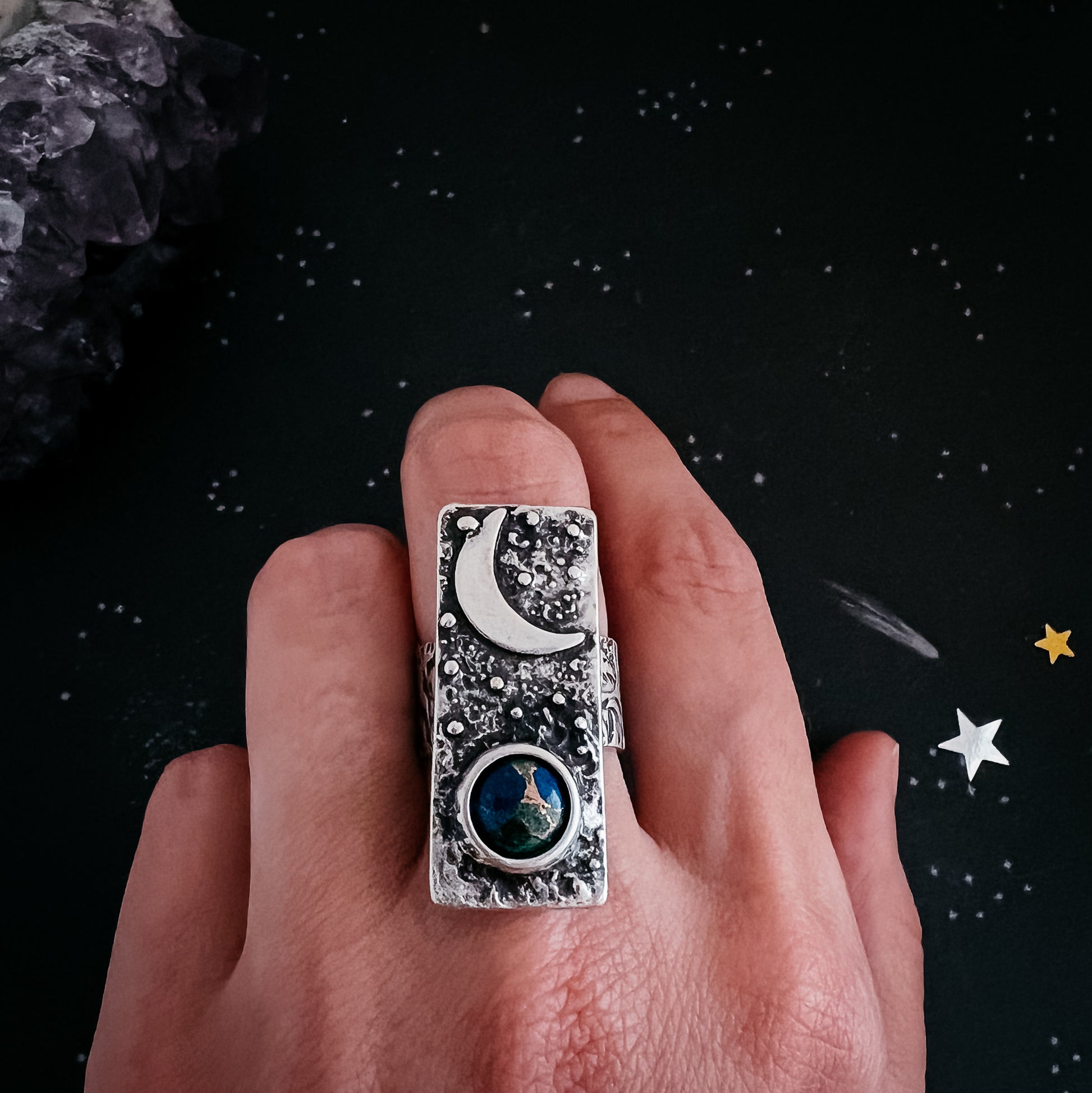 Moonrise Over Earth - Azurite Malachite Celestial Ring Ring Yugen Handmade