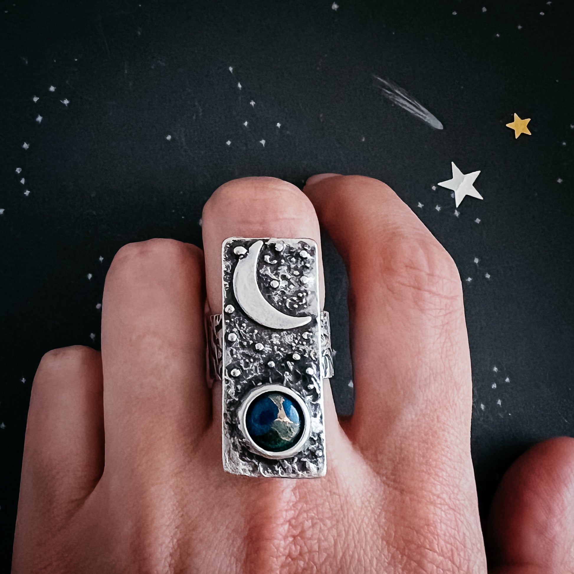 Moonrise Over Earth - Azurite Malachite Celestial Ring Ring Yugen Handmade