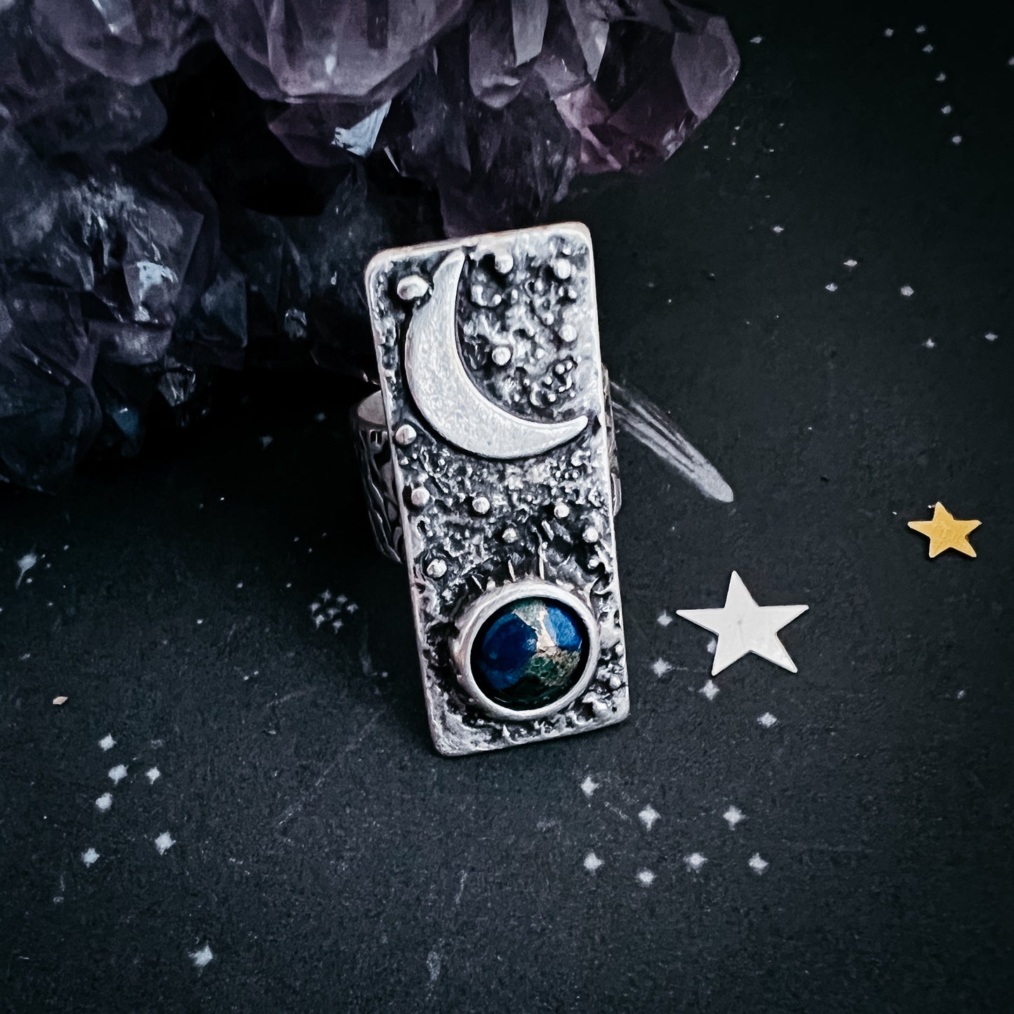 Moonrise Over Earth - Azurite Malachite Celestial Ring Ring Yugen Handmade