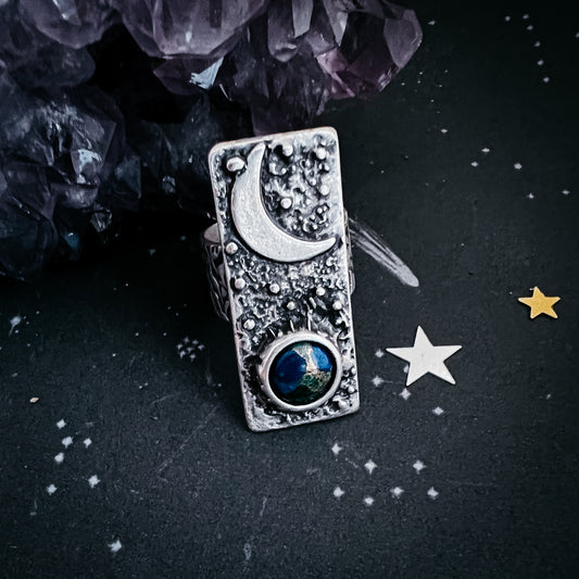 Moonrise Over Earth - Azurite Malachite Celestial Ring Ring Yugen Handmade