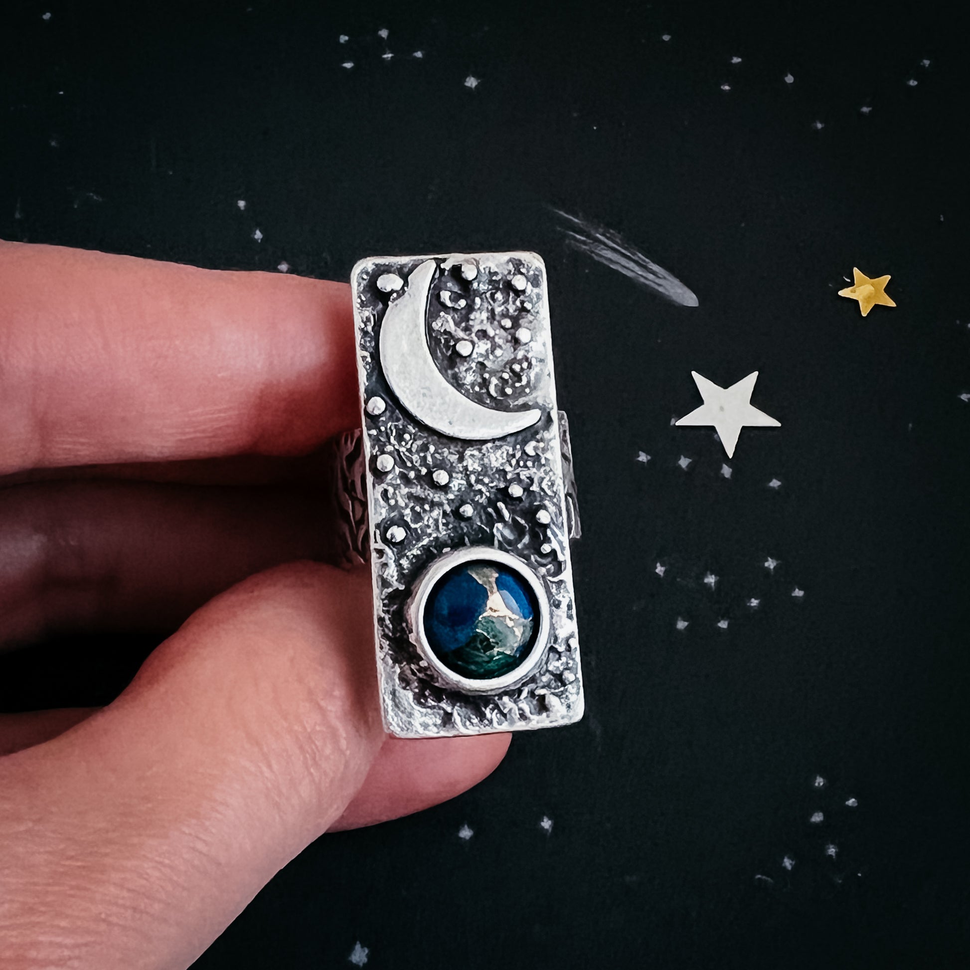 Moonrise Over Earth - Azurite Malachite Celestial Ring Ring Yugen Handmade