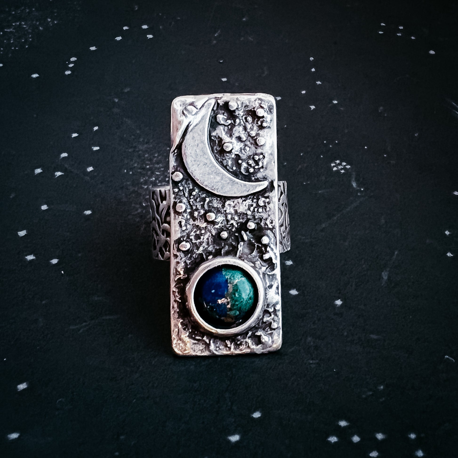 Moonrise Over Earth - Azurite Malachite Celestial Ring Ring Yugen Handmade