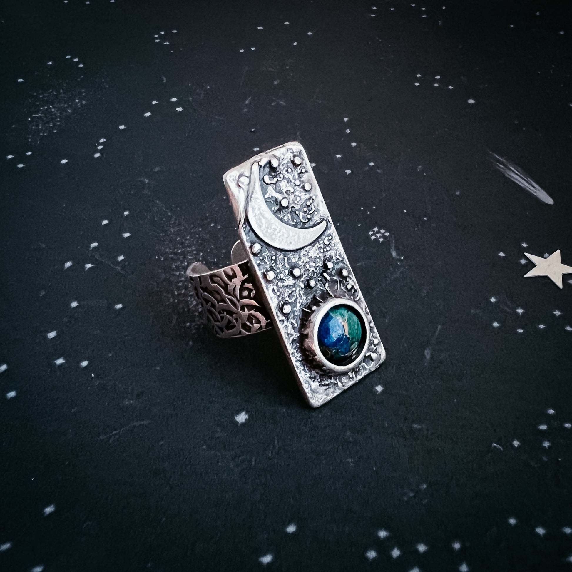 Moonrise Over Earth - Azurite Malachite Celestial Ring Ring Yugen Handmade