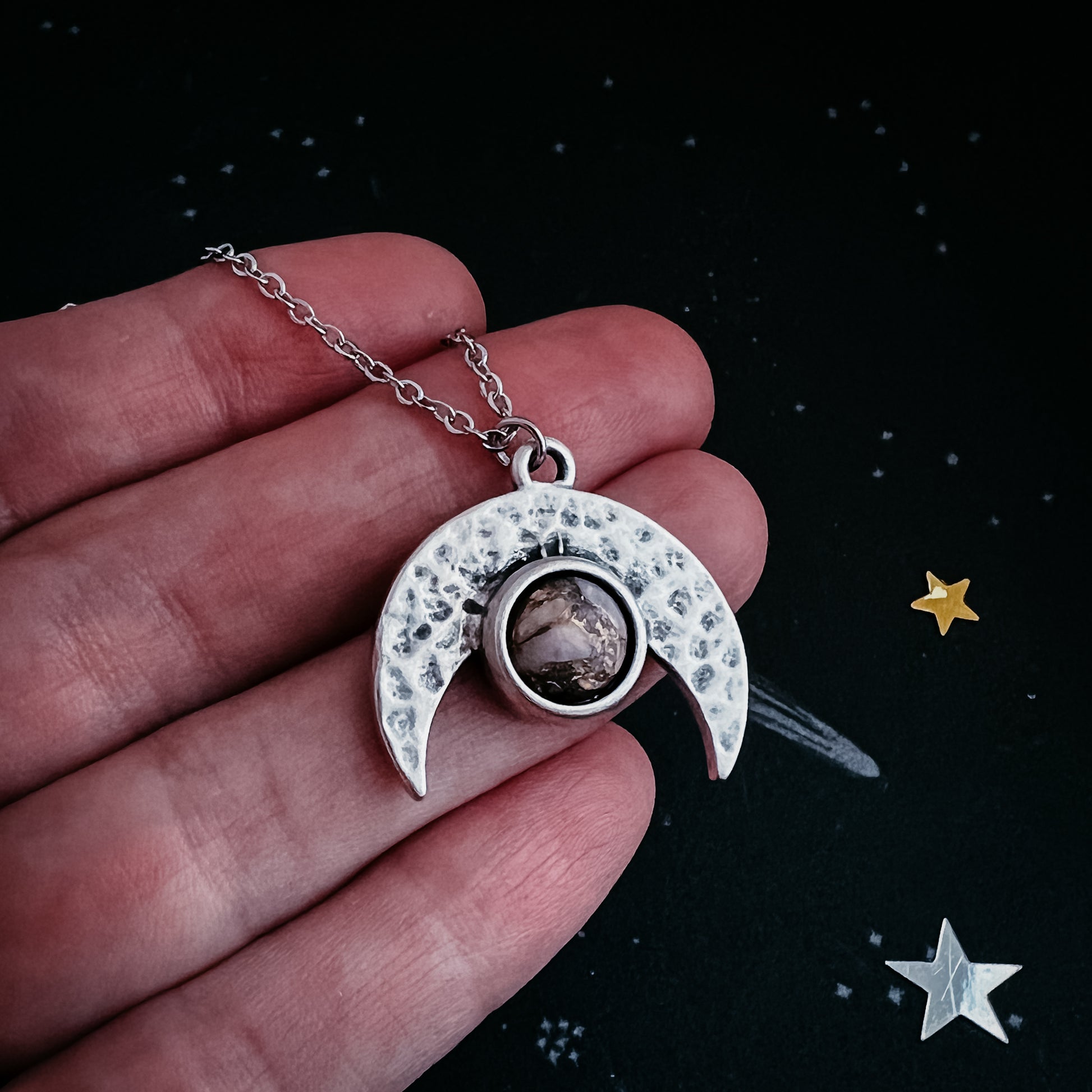 Pink Moon Crescent Necklace with Pink Copper Opal Necklace Yugen Handmade