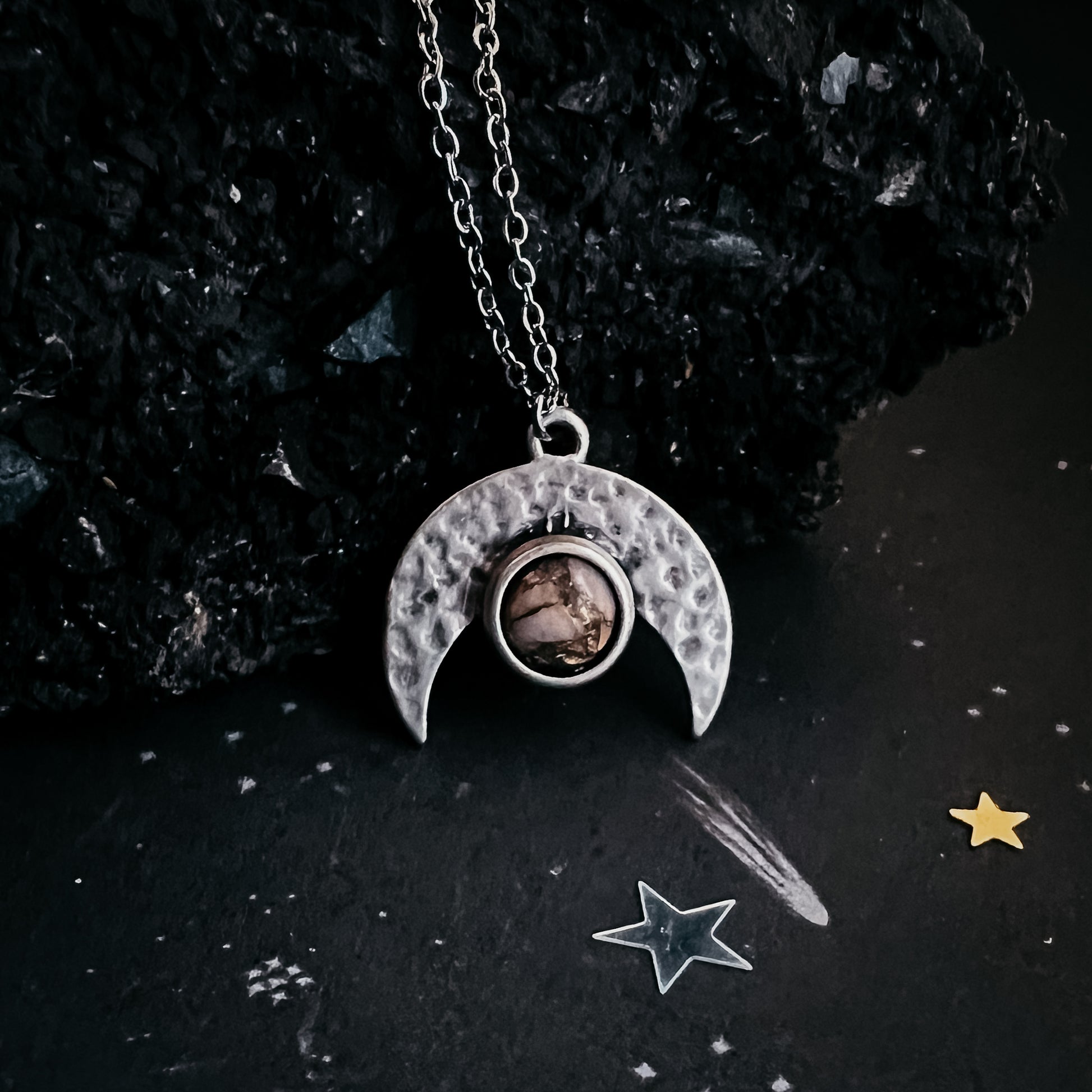 Pink Moon Crescent Necklace with Pink Copper Opal Necklace Yugen Handmade