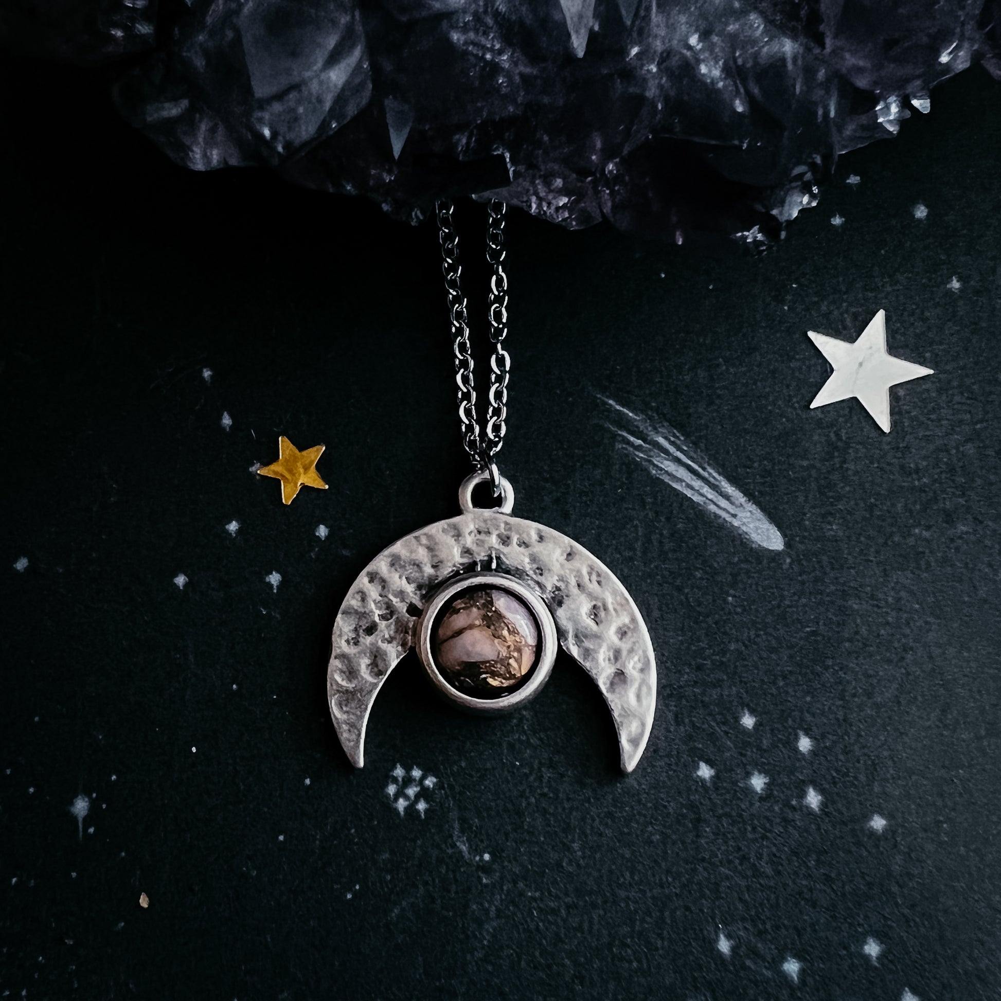 Pink Moon Crescent Necklace with Pink Copper Opal Necklace Yugen Handmade