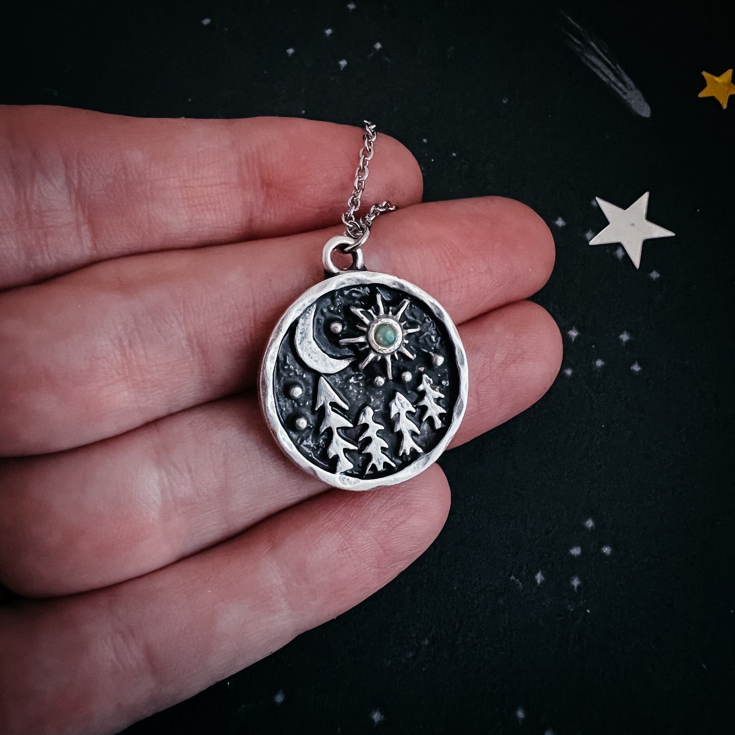 Starry Forest Night Pendant Necklace with Opal Necklace Yugen Handmade