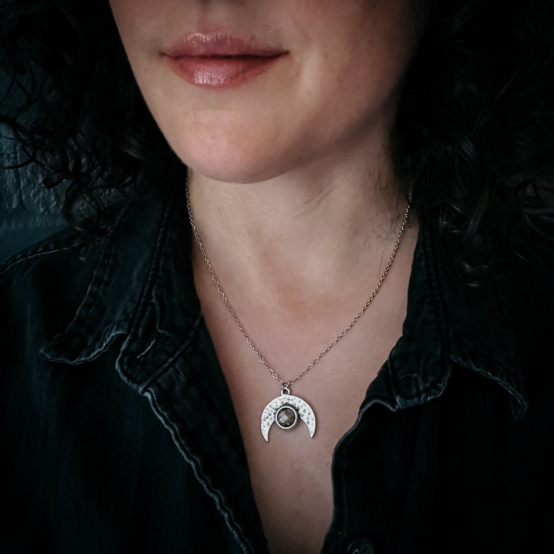 Pink Moon Crescent Necklace with Pink Copper Opal Necklace Yugen Handmade