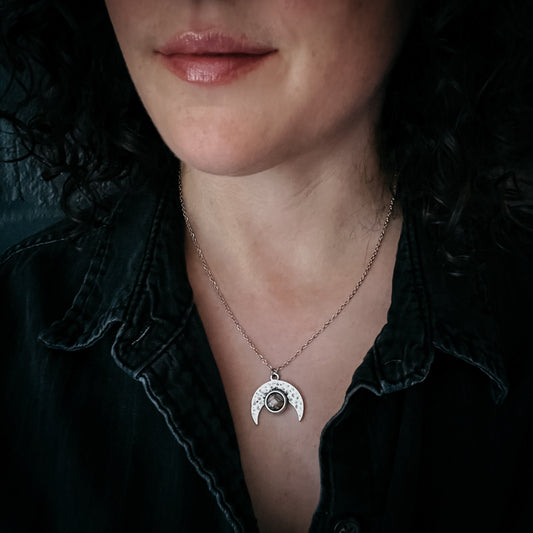 Pink Moon Crescent Necklace with Pink Copper Opal Necklace Yugen Handmade