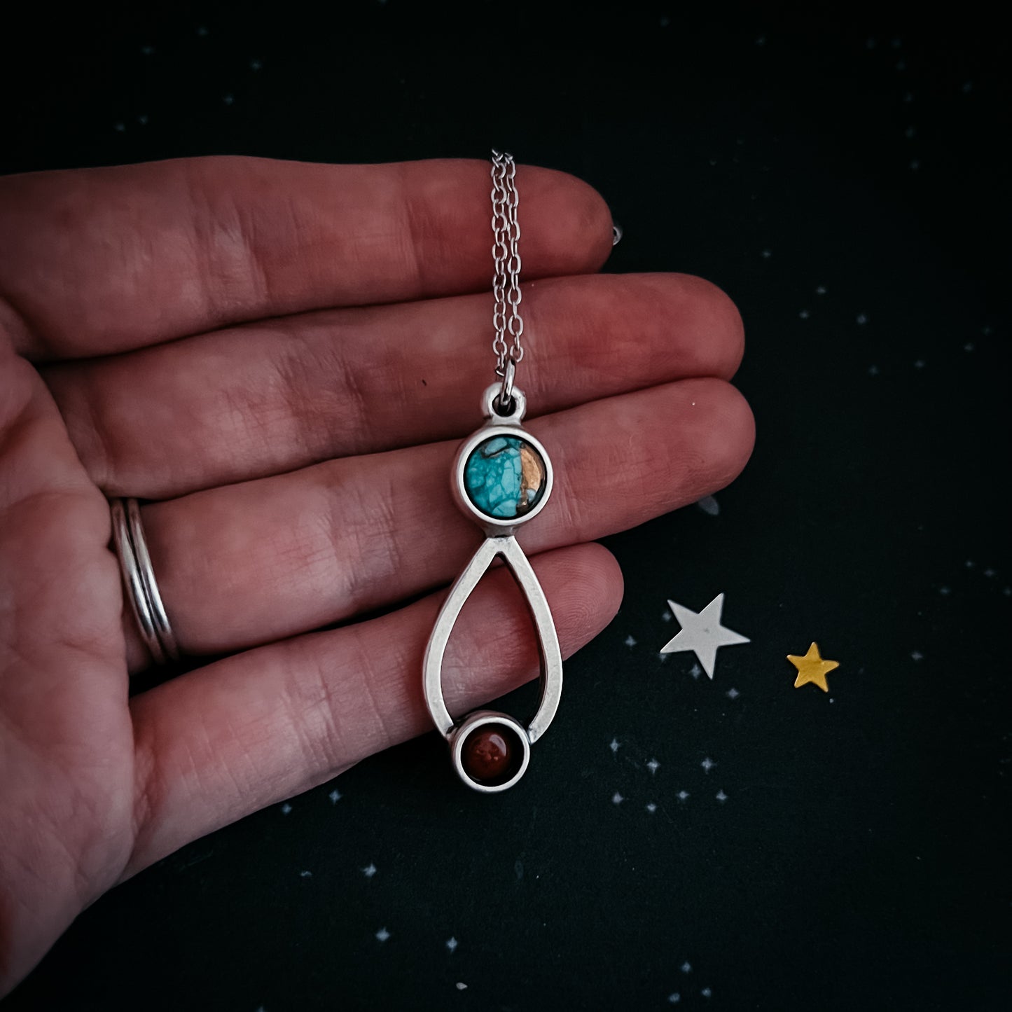 Journey to Mars Necklace - Copper Chrysocolla Earth and Red Jasper Moon