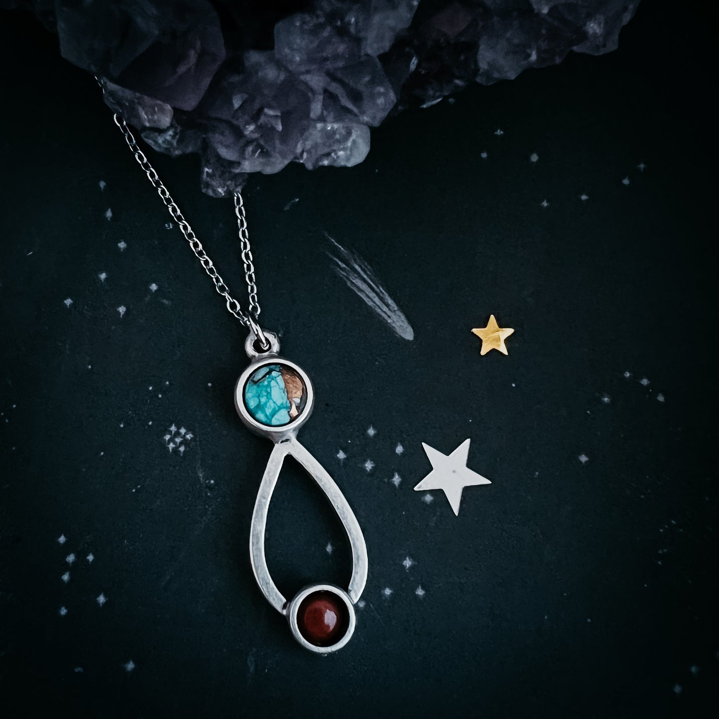 Journey to Mars Necklace - Copper Chrysocolla Earth and Red Jasper Moon