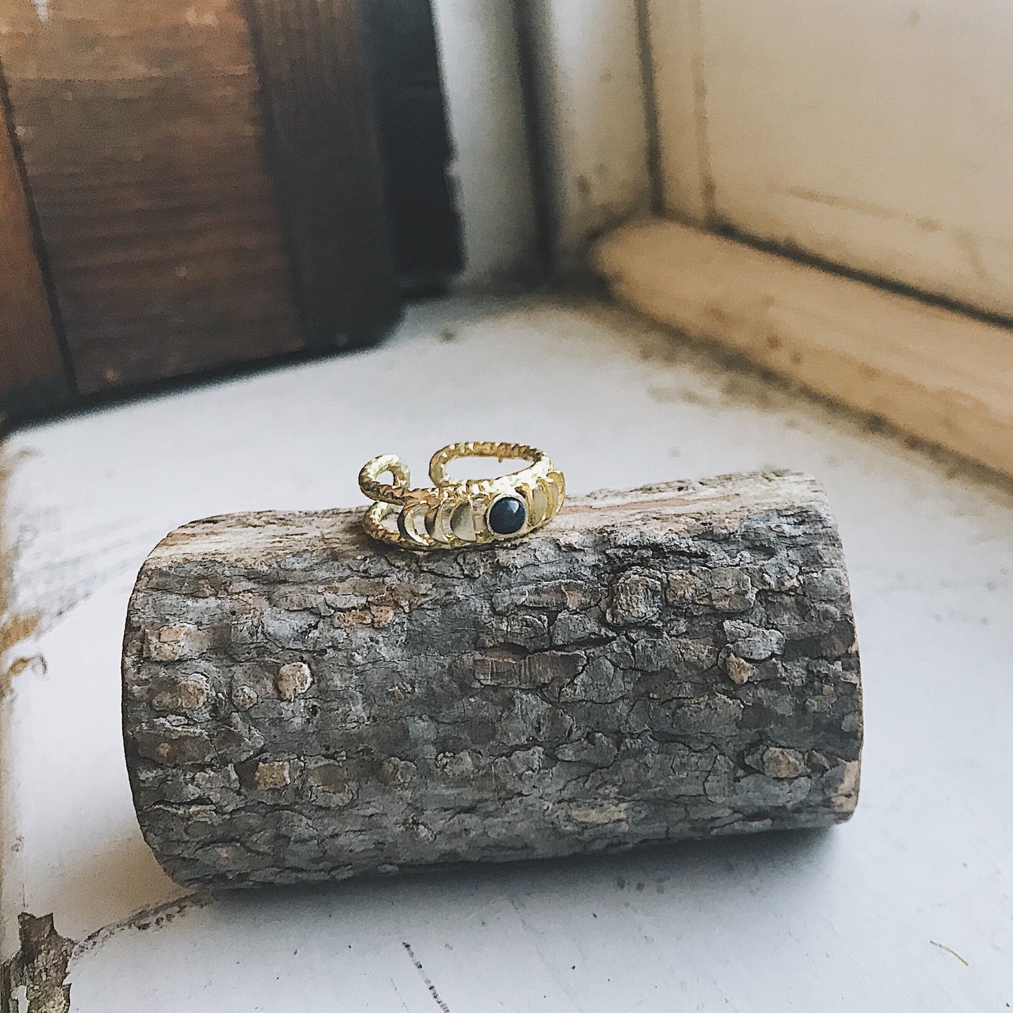 Moon Phase Ring with Black Opal Ring Yugen Handmade   