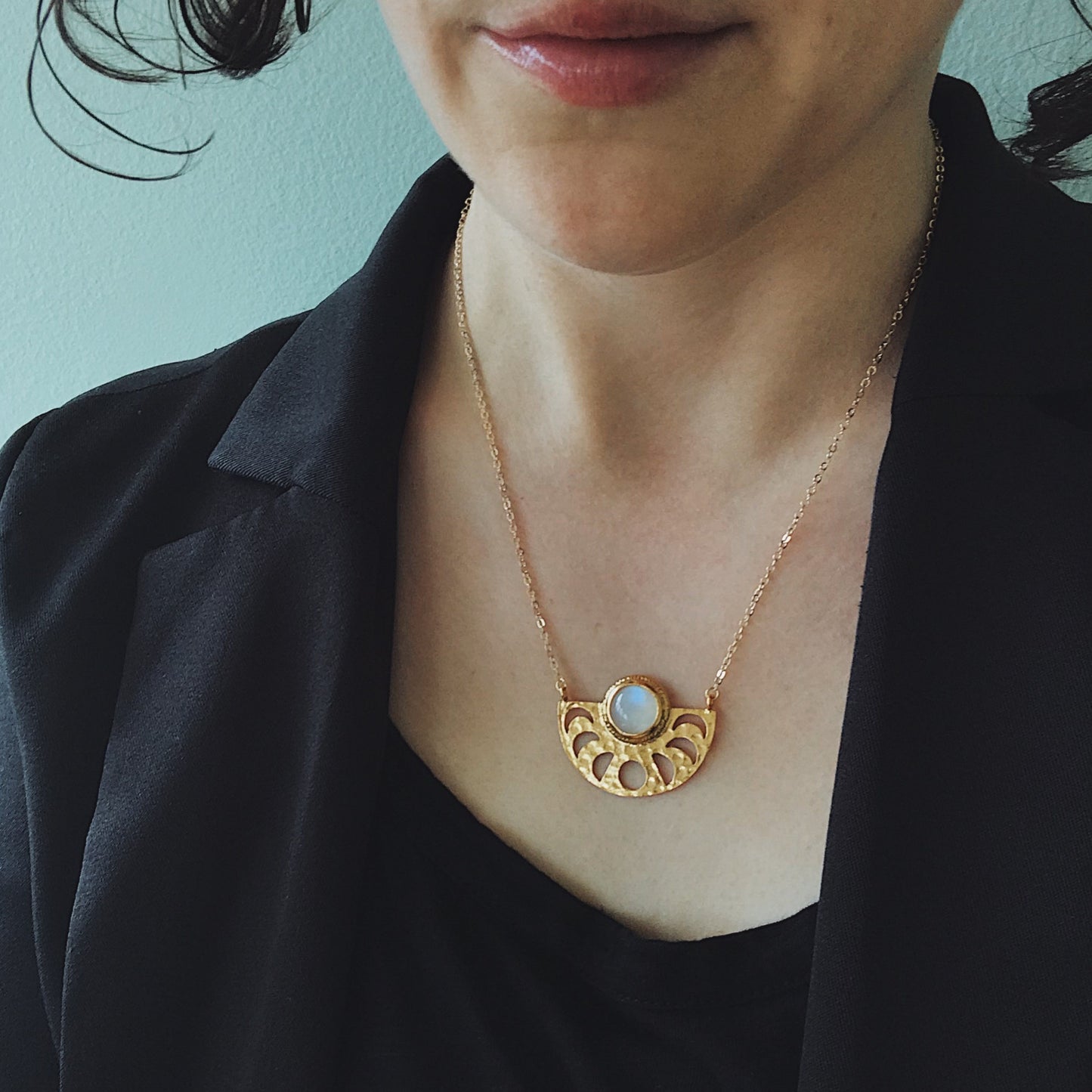 Moon Goddess Necklace - Moon Phases Rainbow Moonstone Pendant Necklace Yugen Handmade