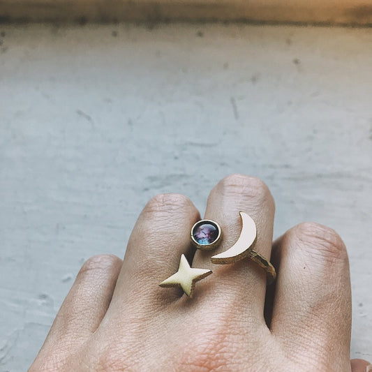 Stars and Moon Orbiting Galaxy Space Ring Ring Yugen Handmade Gold Tone