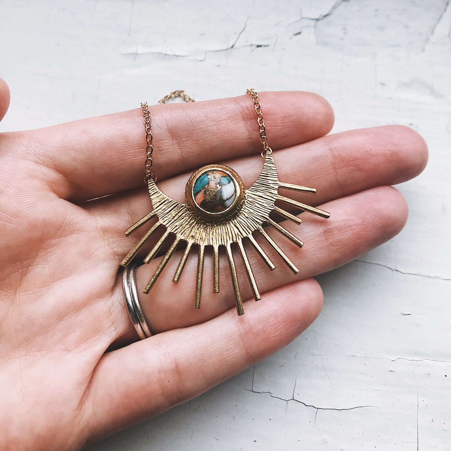 Sun Goddess Necklace - Sun Pendant with Copper Oyster Turquoise Necklace Yugen Handmade