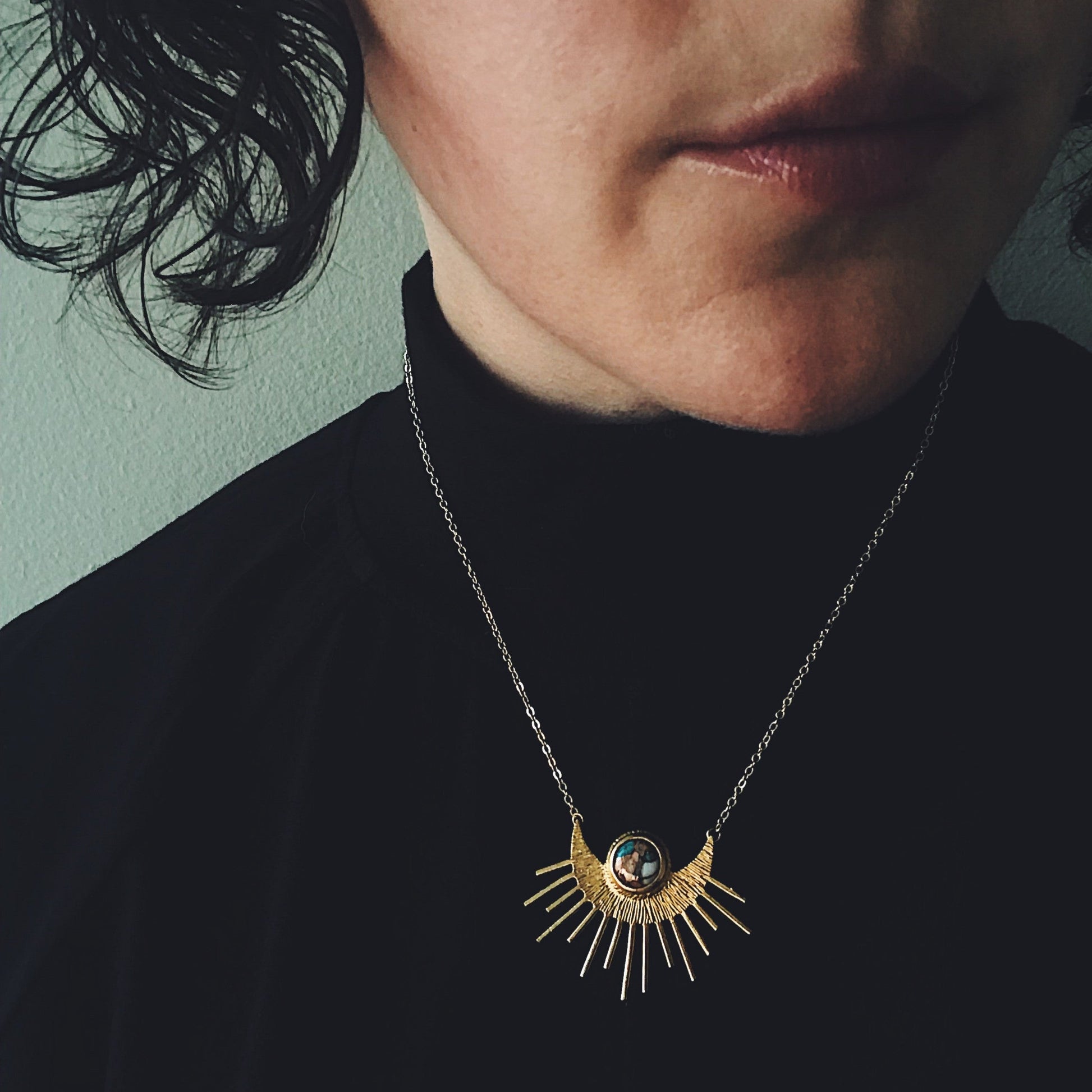 Sun Goddess Necklace - Sun Pendant with Copper Oyster Turquoise Necklace Yugen Handmade