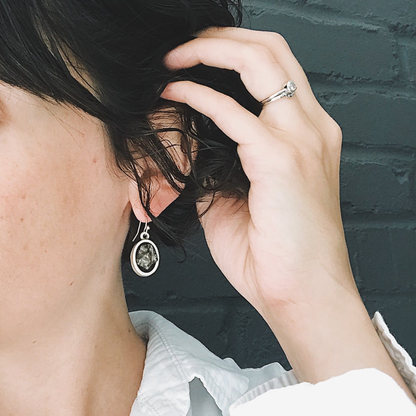 Oval Dangle Earrings with Raw Meteorite Earrings Yugen Handmade