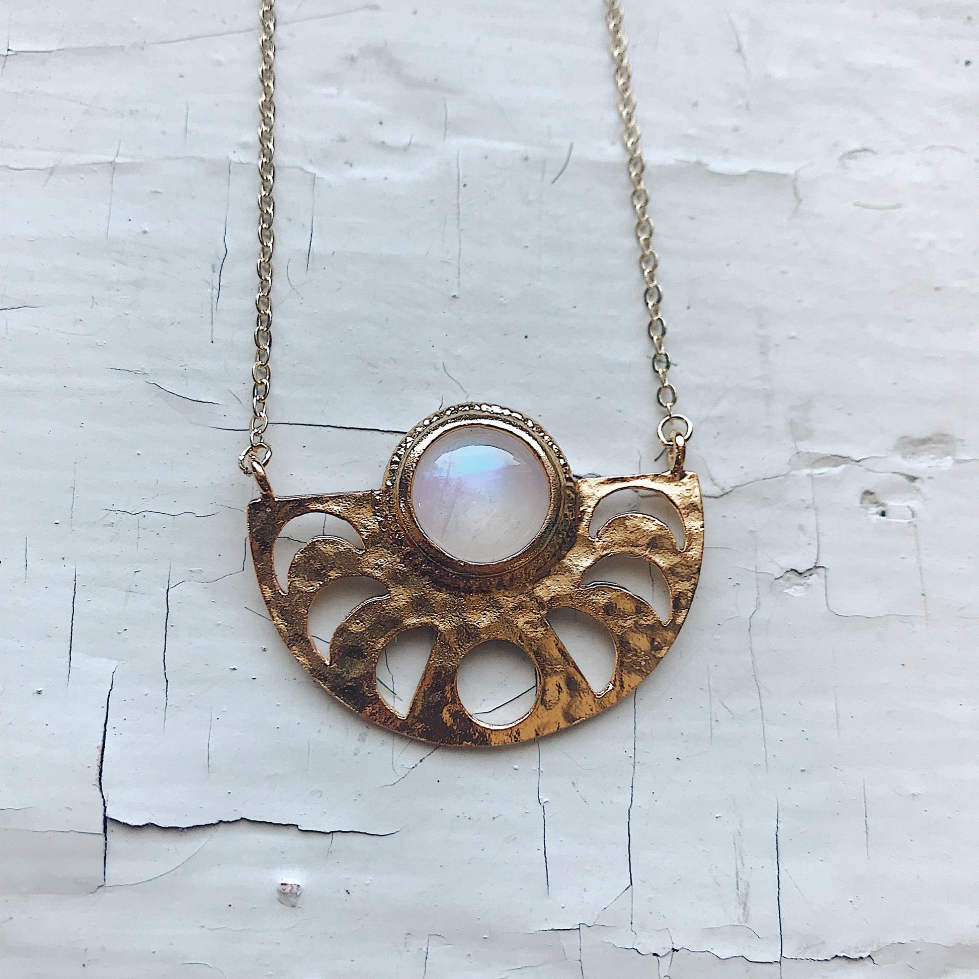 Moon Goddess Necklace - Moon Phases Rainbow Moonstone Pendant Necklace Yugen Handmade