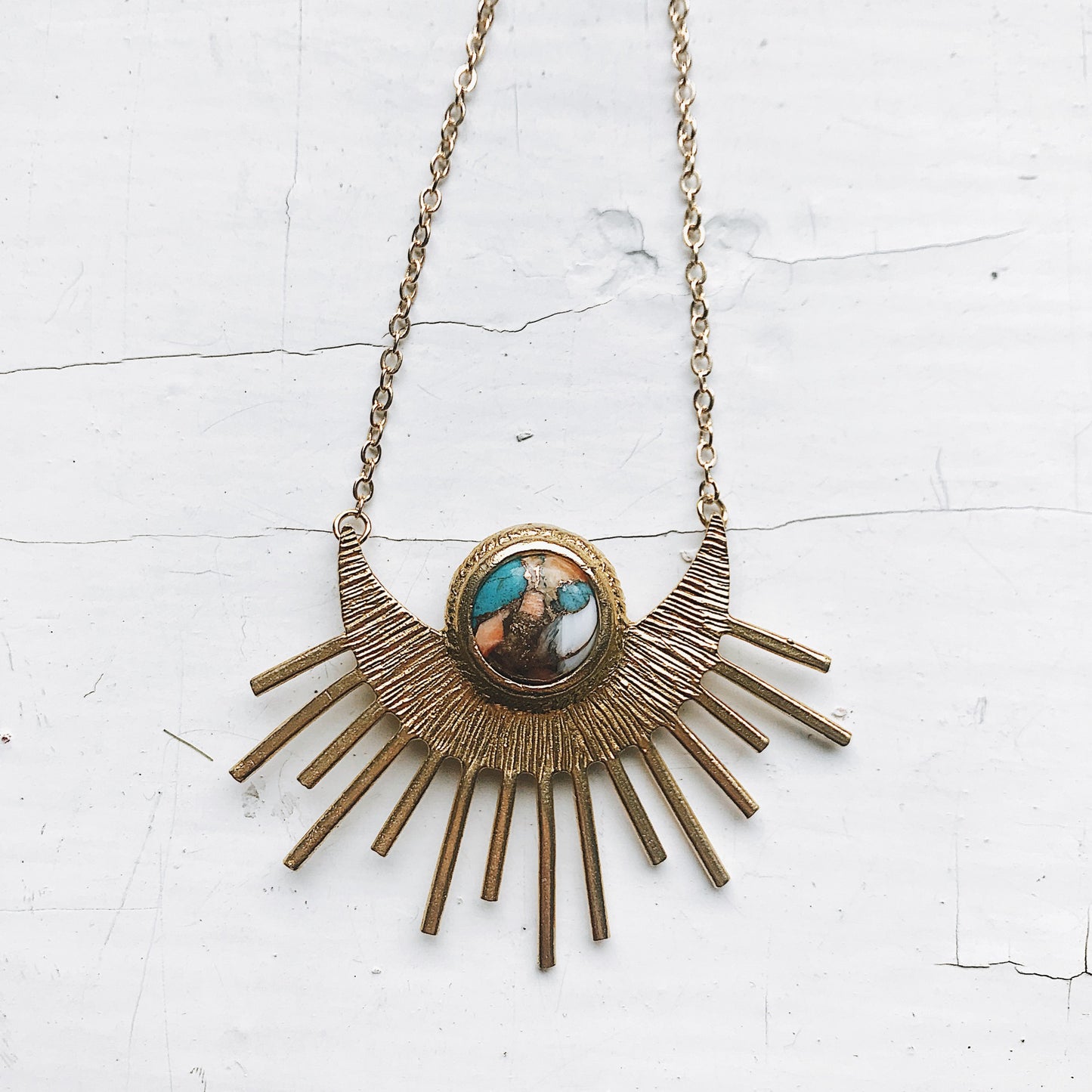Sun Goddess Necklace - Sun Pendant with Copper Oyster Turquoise Necklace Yugen Handmade Gold Tone