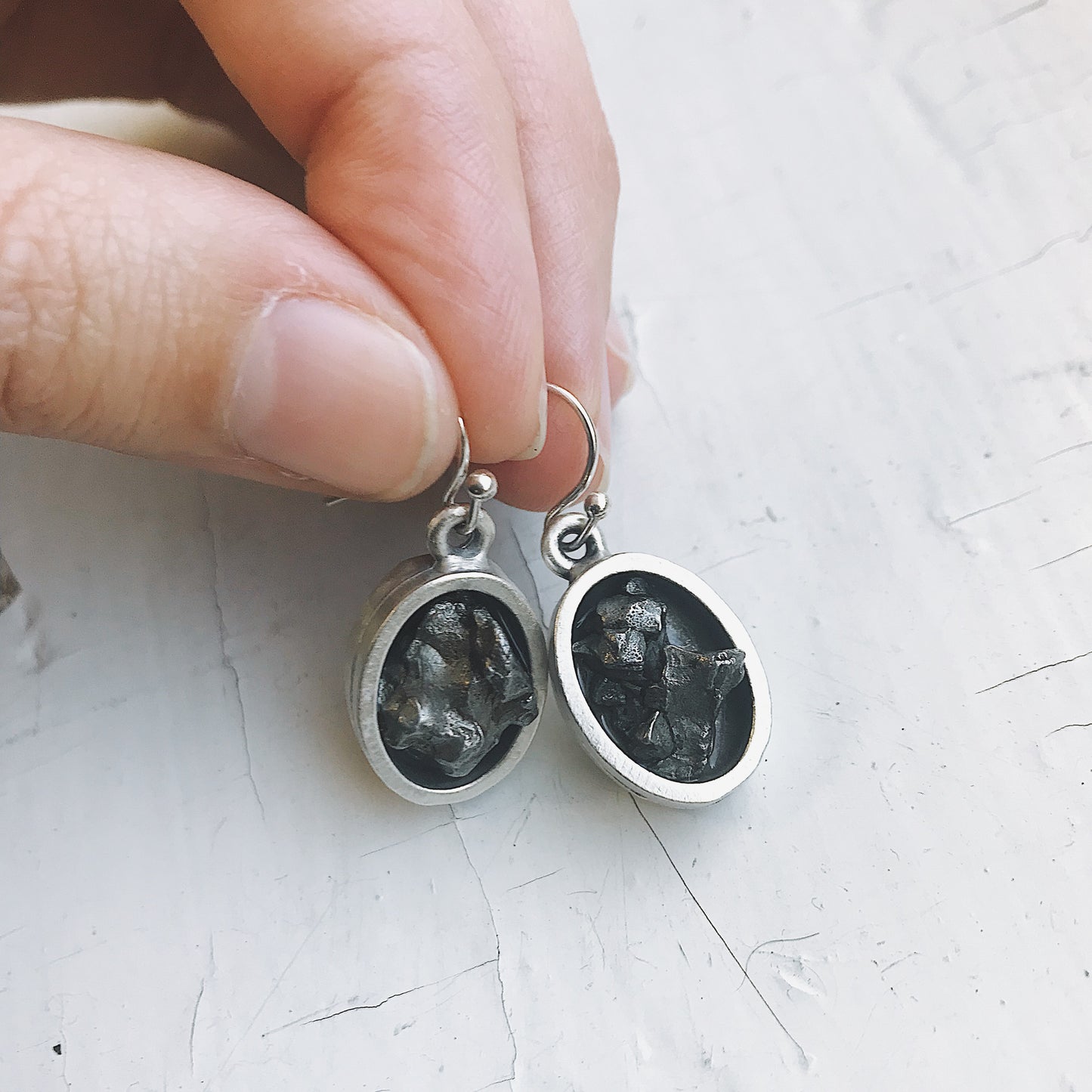 Oval Dangle Earrings with Raw Meteorite Earrings Yugen Handmade