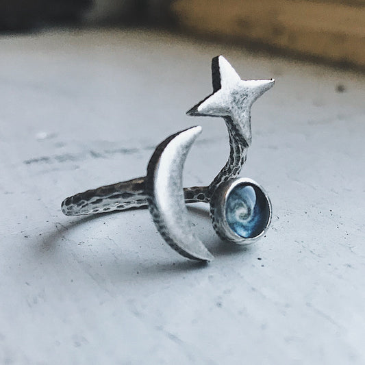 Stars and Moon Orbiting Galaxy Space Ring Ring Yugen Handmade Antique Silver Tone