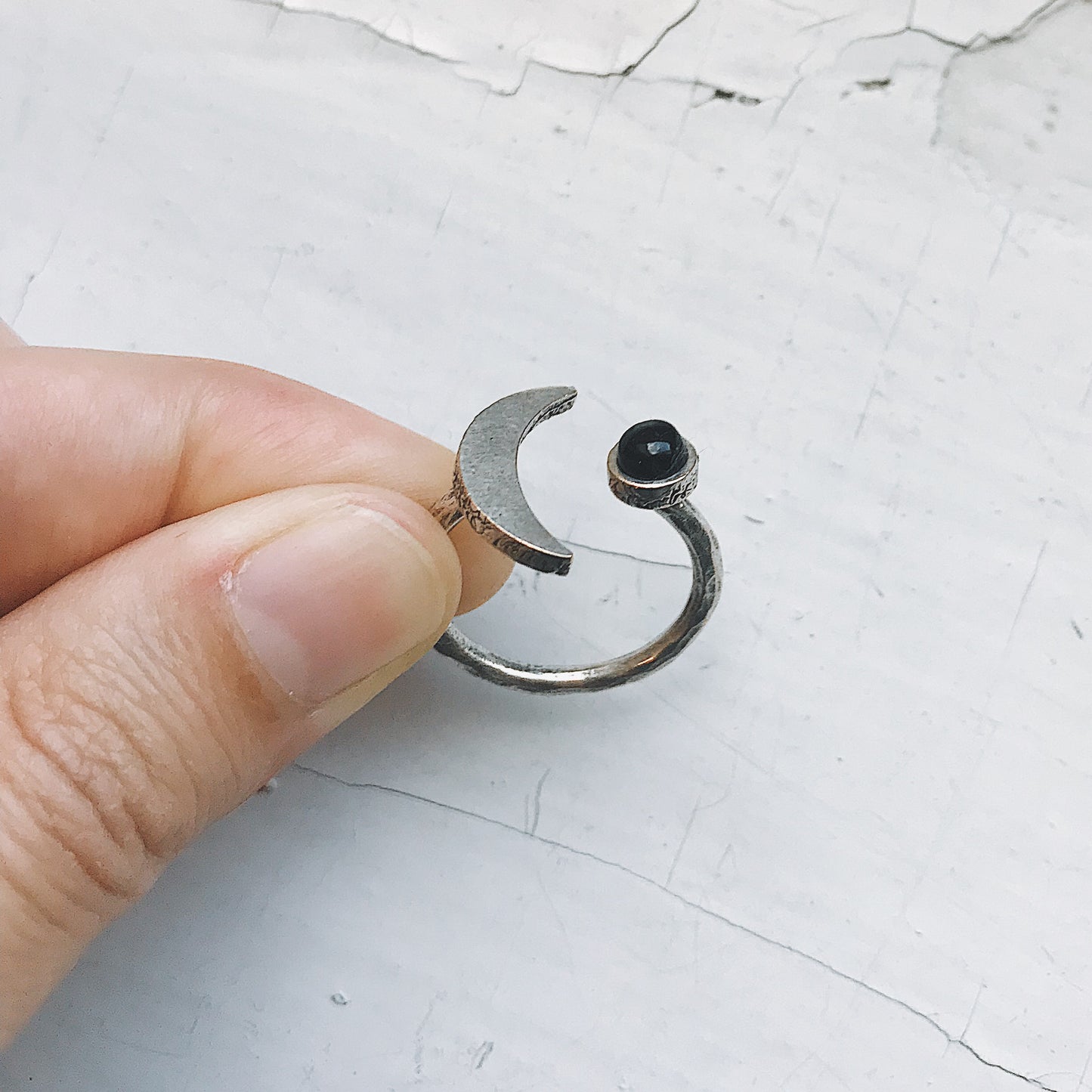 Crescent Moon Ring with Black Onyx Ring Yugen Handmade Silver