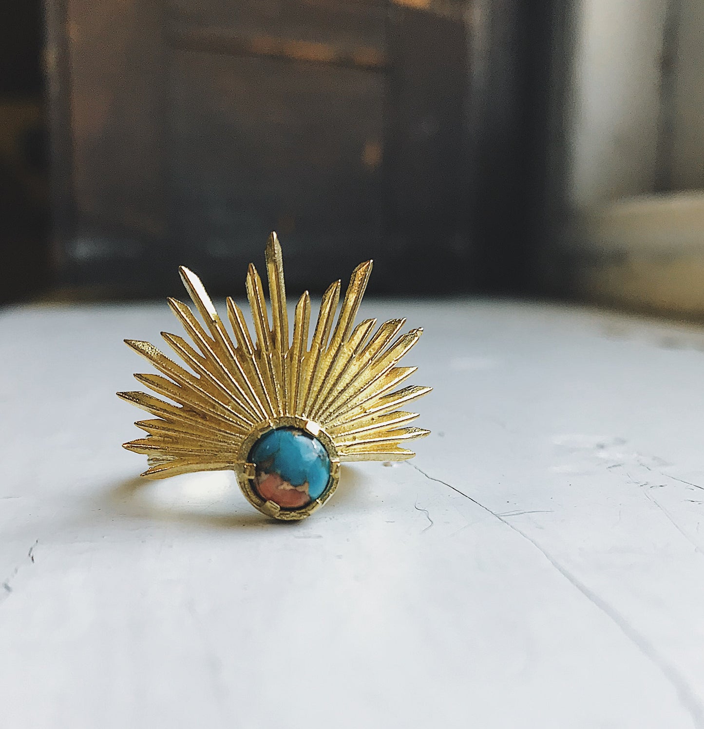 Sun Goddess Ring with Copper Oyster Turquoise Ring Yugen Handmade Gold Tone