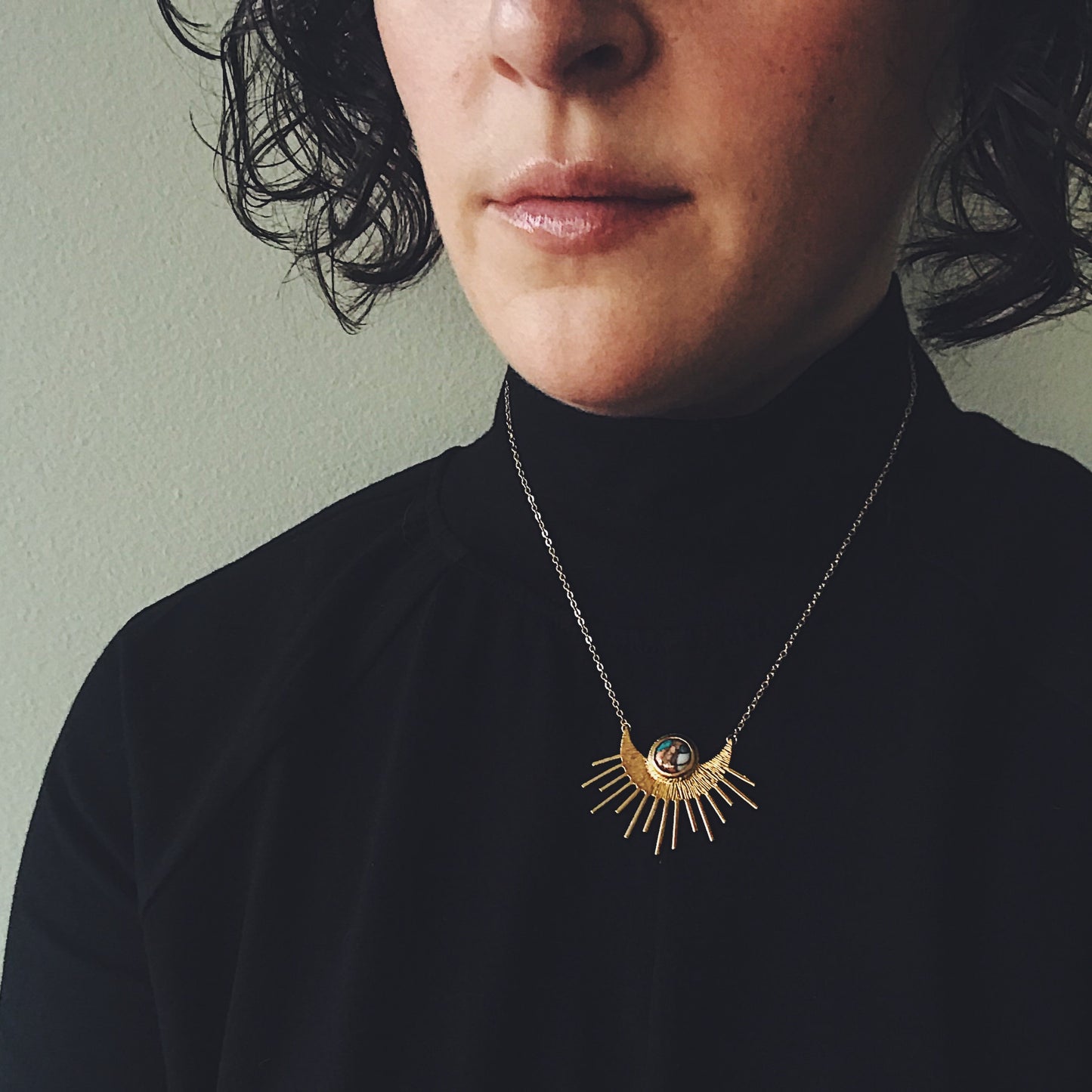 Sun Goddess Necklace - Sun Pendant with Copper Oyster Turquoise Necklace Yugen Handmade