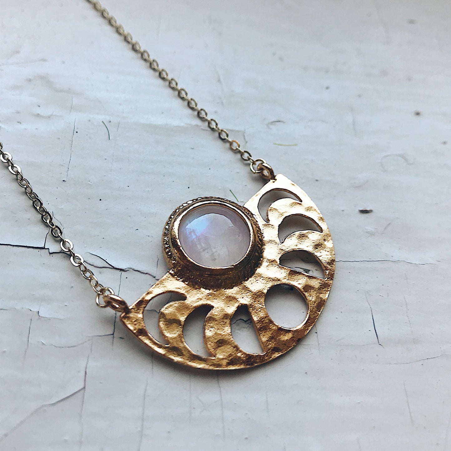 Moon Goddess Necklace - Moon Phases Rainbow Moonstone Pendant Necklace Yugen Handmade Gold