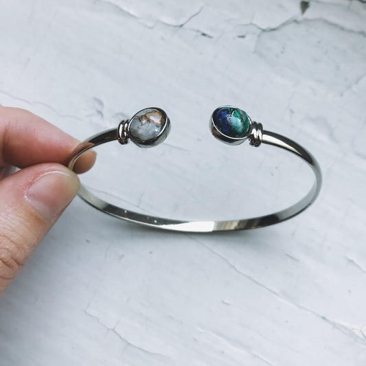 Earth and Moon Cuff Bracelet with Natural Stones Bracelet Yugen Handmade Silver Tone