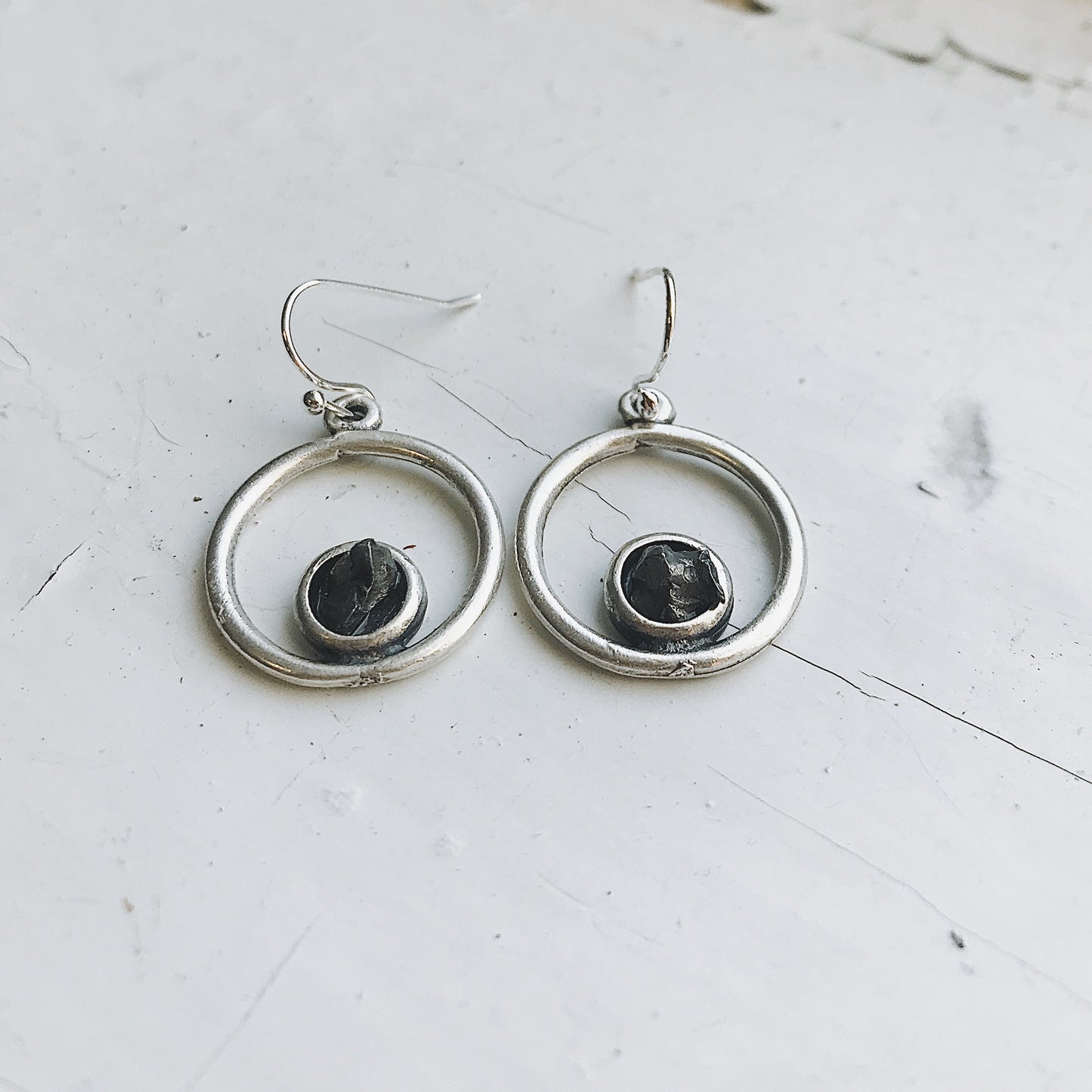 Circle Silver Earrings with Raw Meteorite Earrings Yugen Handmade   