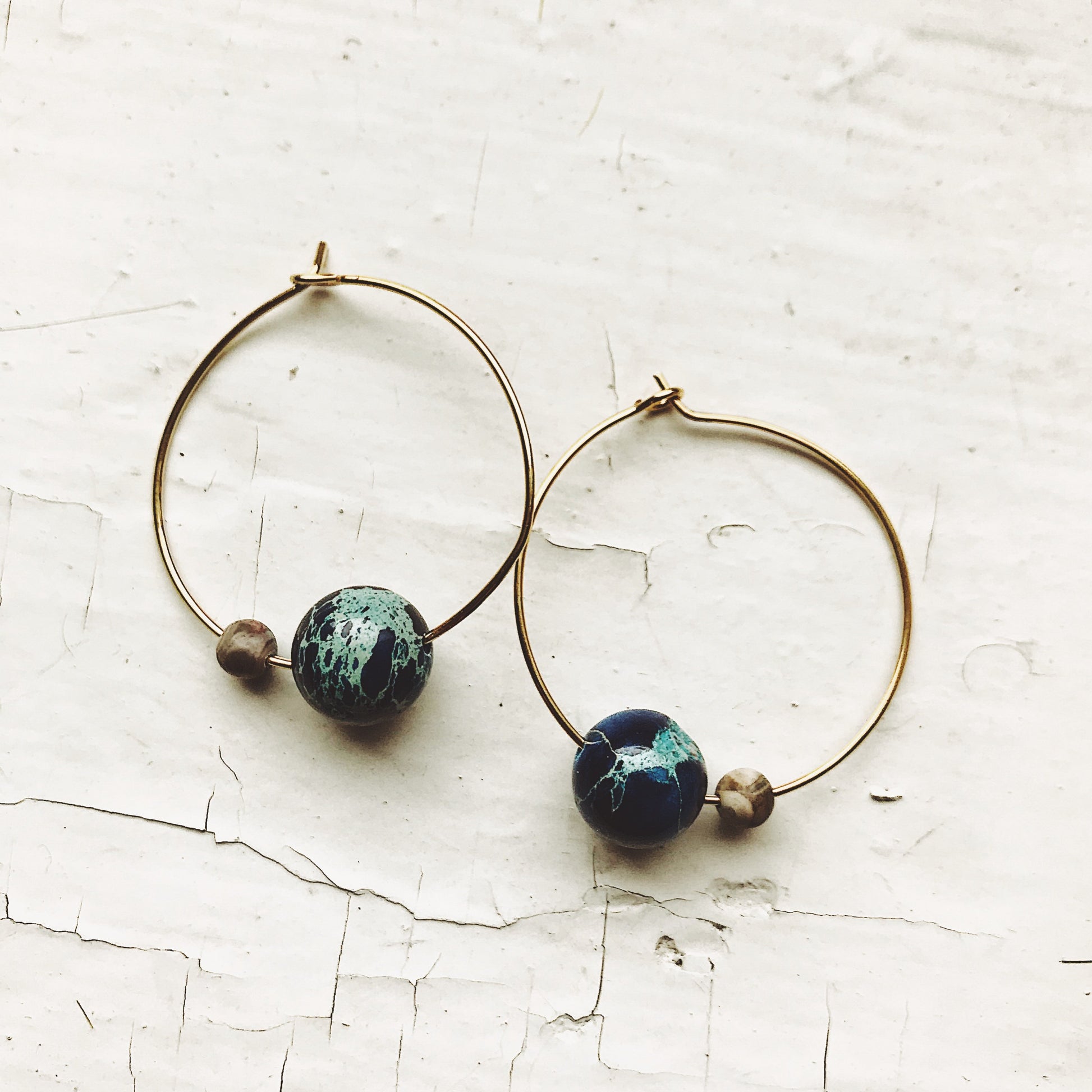 Earth and Moon Jasper Bead Hoop Earrings Earrings Yugen Handmade Gold Tone