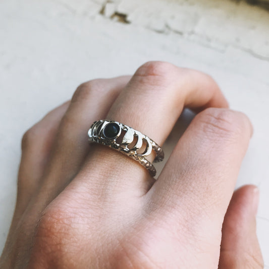 Moon Phase Ring with Black Opal Ring Yugen Handmade Silver