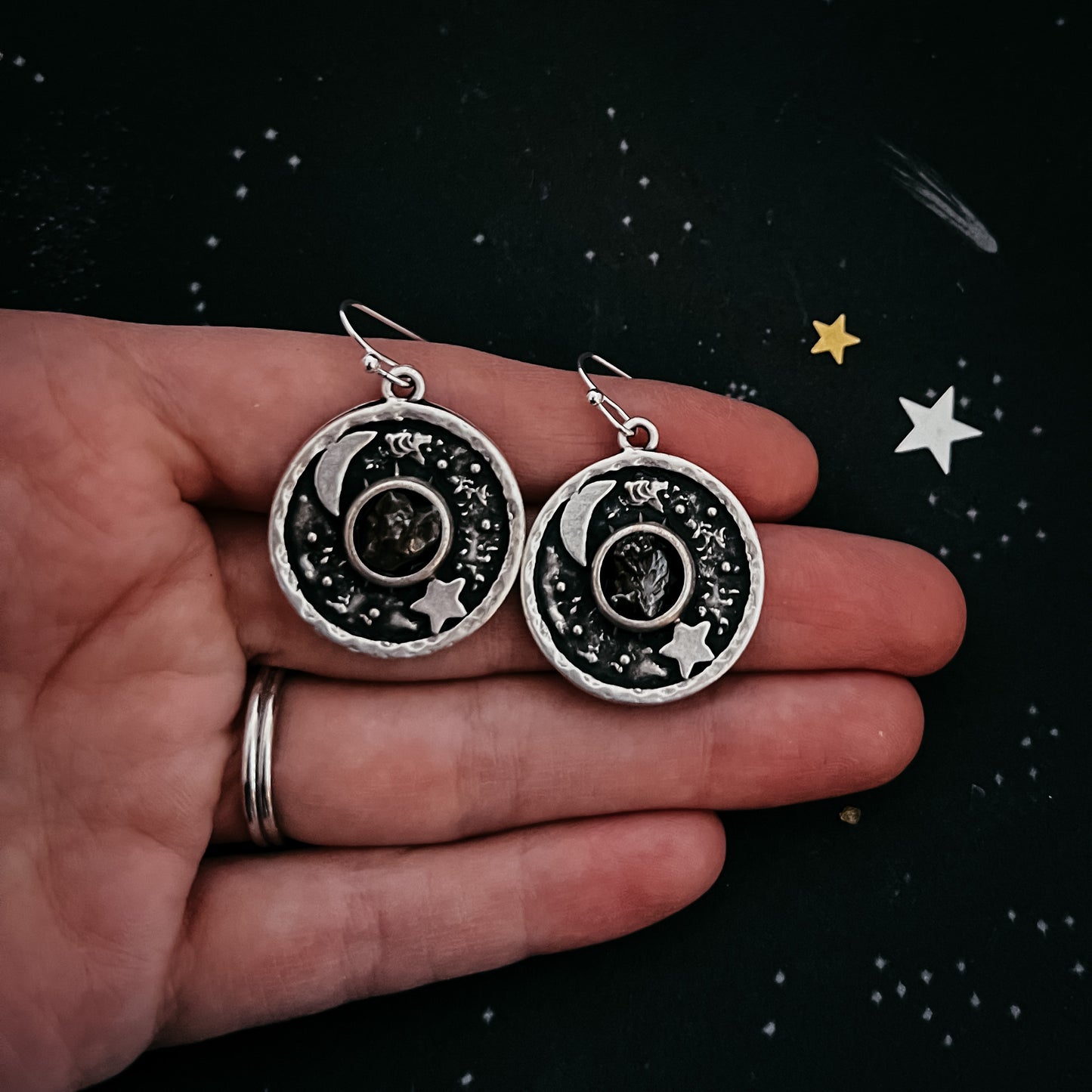 Night Sky Dangle Earrings with Raw Meteorite Earrings Yugen Handmade   