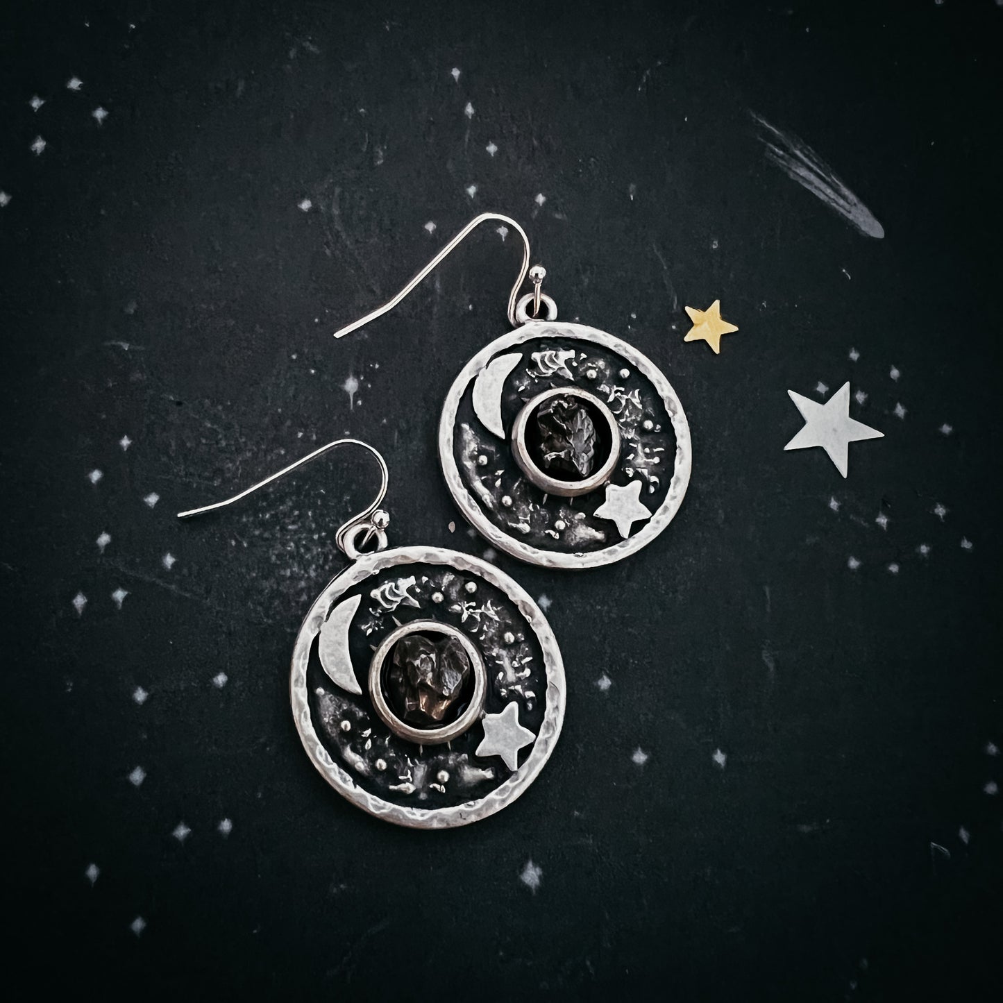 Night Sky Dangle Earrings with Raw Meteorite Earrings Yugen Handmade
