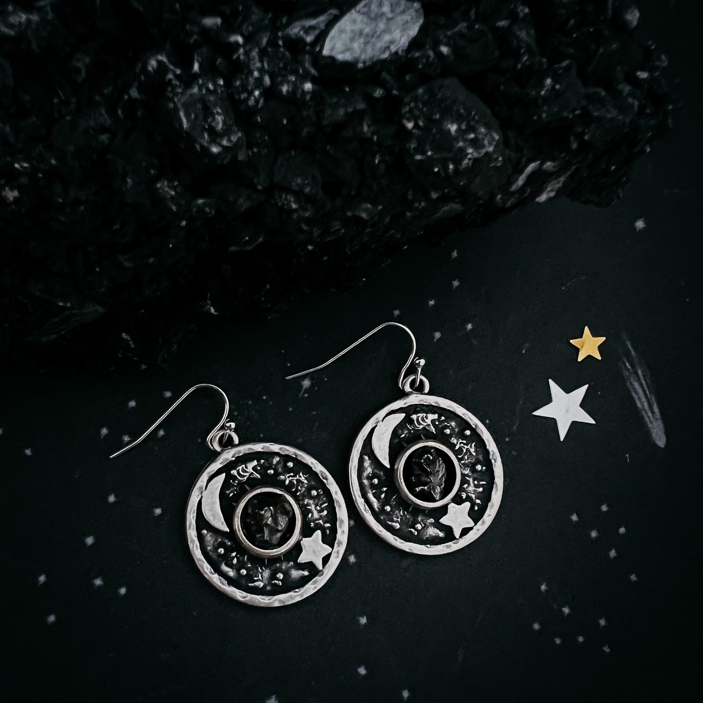 Night Sky Dangle Earrings with Raw Meteorite Earrings Yugen Handmade