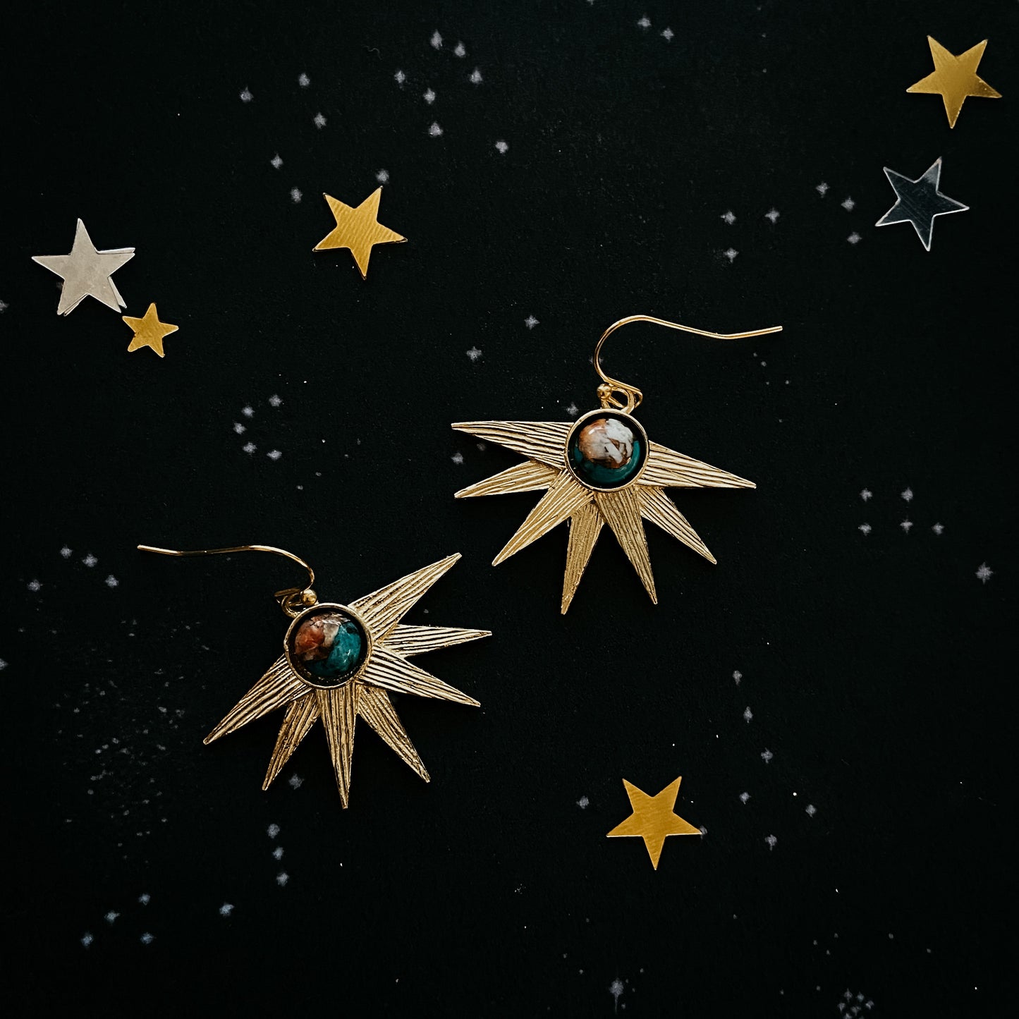 Sun Goddess Earrings with Copper Oyster Turquoise Earrings Yugen Handmade French Hook/Dangle Gold Tone