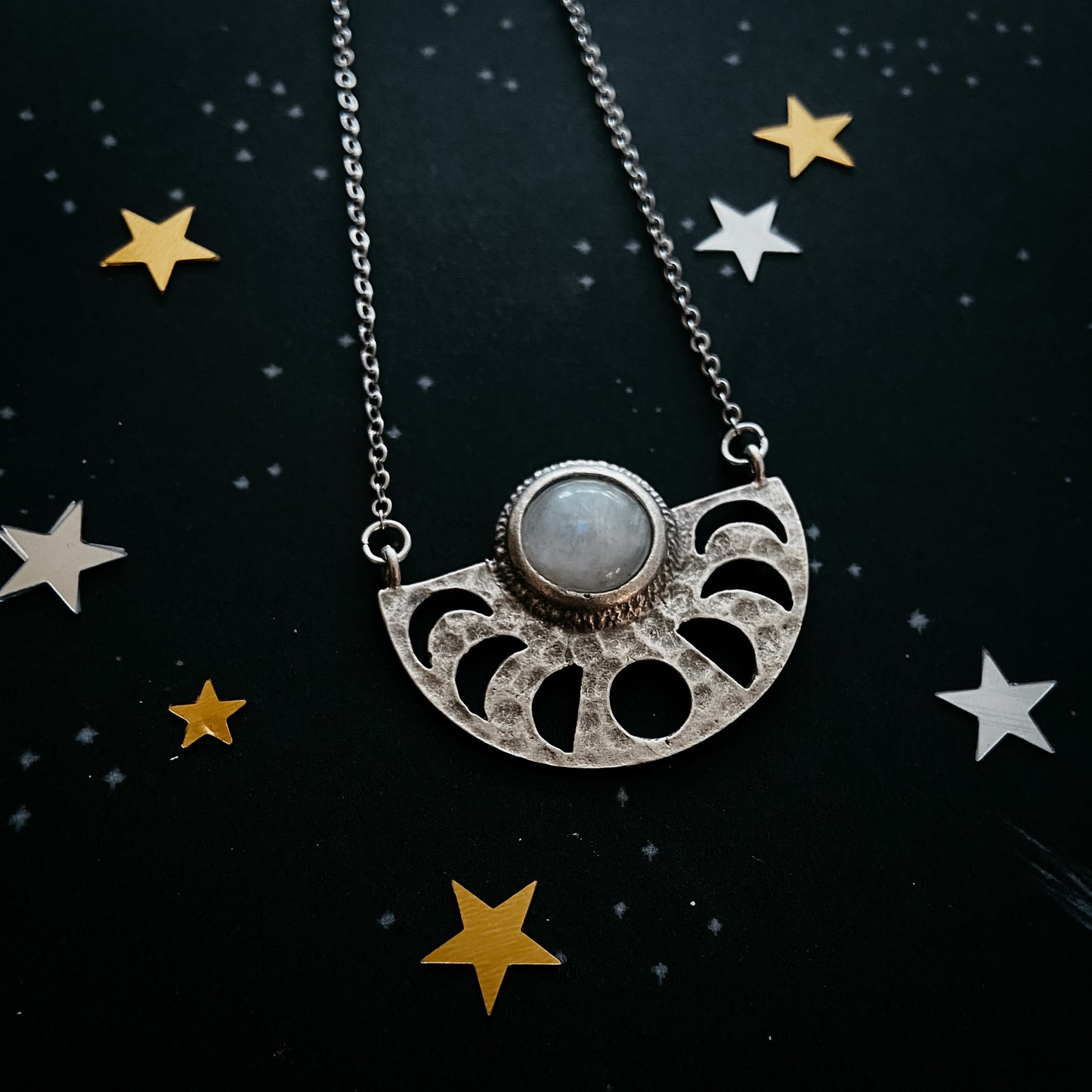 Moon Goddess Necklace - Moon Phases Rainbow Moonstone Pendant Necklace Yugen Handmade