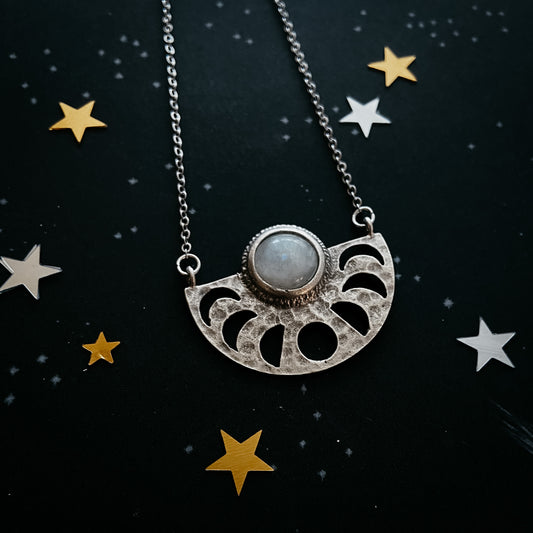 Moon Goddess Necklace - Moon Phases Rainbow Moonstone Pendant Necklace Yugen Handmade