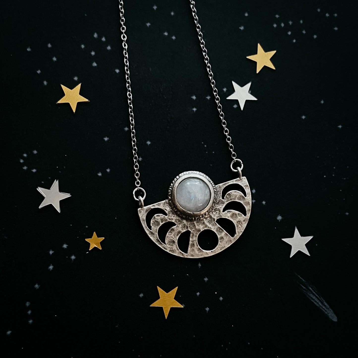Moon Goddess Necklace - Moon Phases Rainbow Moonstone Pendant Necklace Yugen Handmade